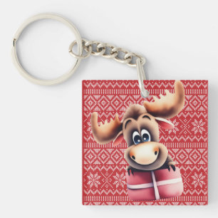 Cartoon Elch mit Weihnachtsgeschenk Schlüsselanhänger