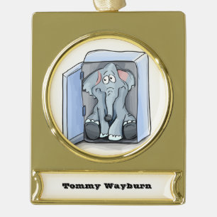 Cartoon-Elefant in einem Kühlschrank Banner-Ornament Gold