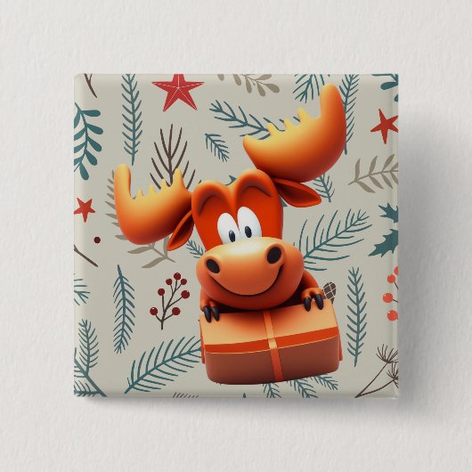 Cartoon Elose mit Geschenk über Weihnachten Muster Button (Vorderseite)