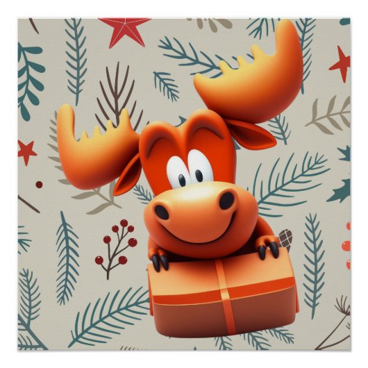 Cartoon Elose mit Geschenk über Weihnachten Muster Poster (Vorderseite)