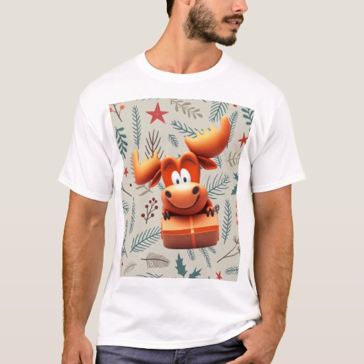 Cartoon Elose mit Geschenk über Weihnachten Muster T-Shirt (Vorderseite)
