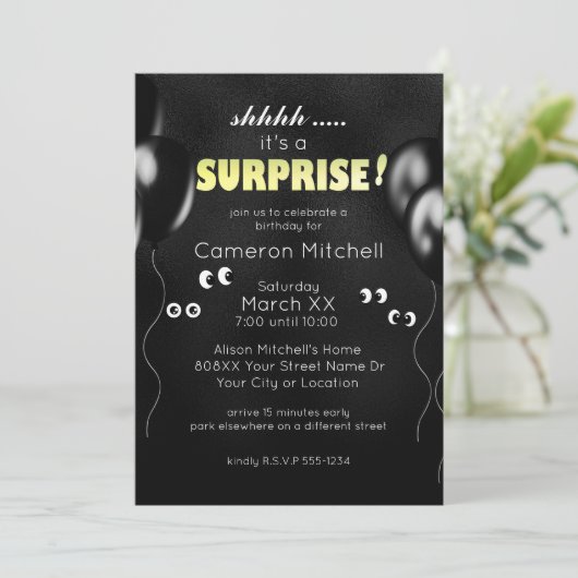 Cartoon Eyes im Dunklen Funny Surprise Party Einladung (Stehend Vorderseite)