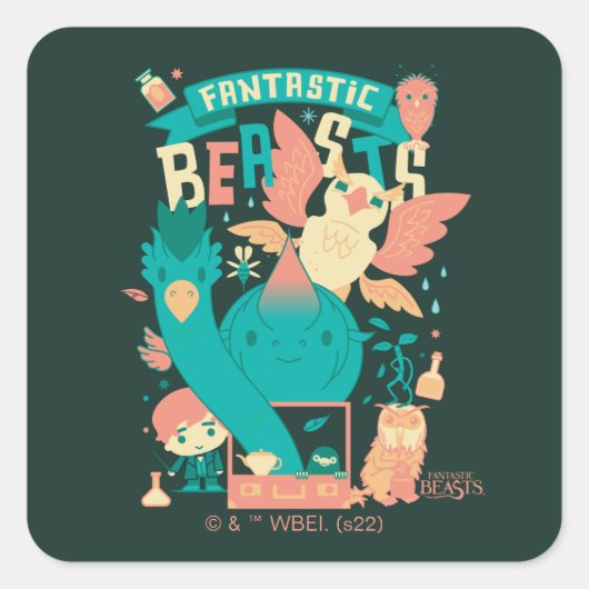 Cartoon Fantastische Bestien mit Newt Scamander Quadratischer Aufkleber (Vorderseite)