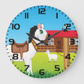 Cartoon Farm Szene mit Pferdekatze und Ziege Große Wanduhr (Vorderseite)