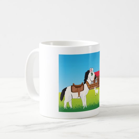 Cartoon Farm Szene mit Pferdekatze und Ziege Kaffeetasse (Vorderseite Links)