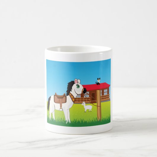 Cartoon Farm Szene mit Pferdekatze und Ziege Kaffeetasse (Mittel)