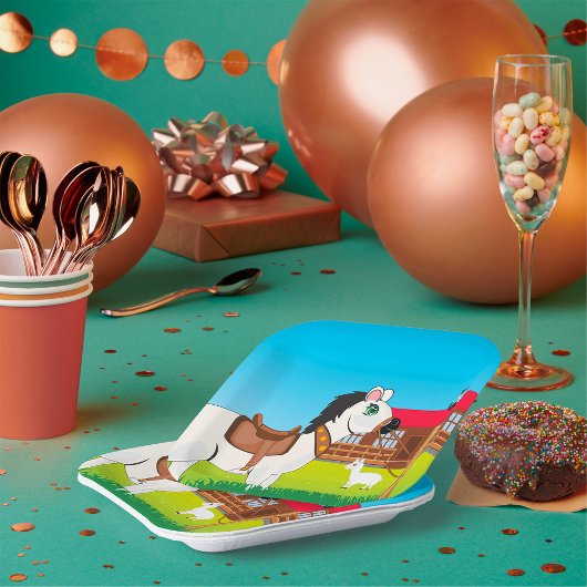 Cartoon Farm Szene mit Pferdekatze und Ziege Pappteller