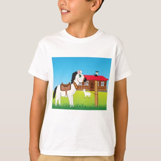 Cartoon Farm Szene mit Pferdekatze und Ziege T-Shirt (Vorderseite)
