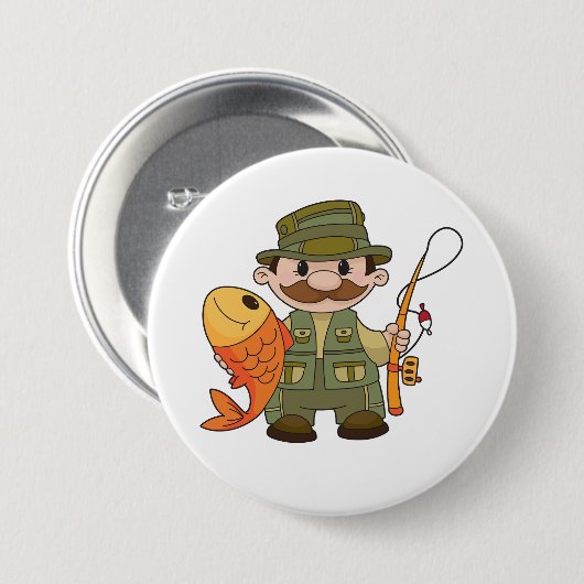 Cartoon Fischer mit großer Fangflotte Button (Vorne & Hinten)