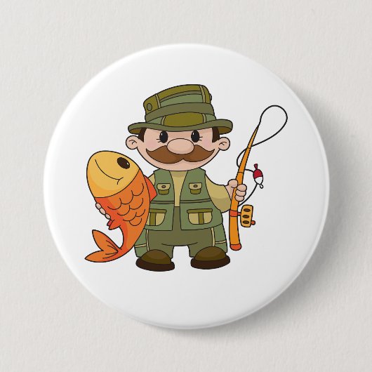 Cartoon Fischer mit großer Fangflotte Button (Vorderseite)