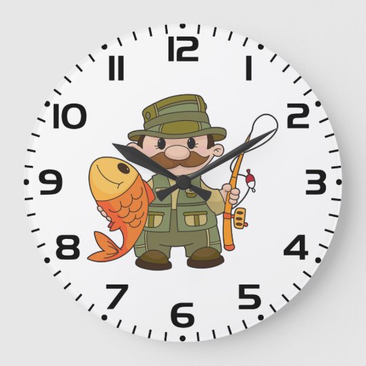 Cartoon Fischer mit großer Fangflotte Große Wanduhr (Vorderseite)
