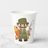 Cartoon Fischer mit großer Fangflotte Pappbecher (Vorderseite)