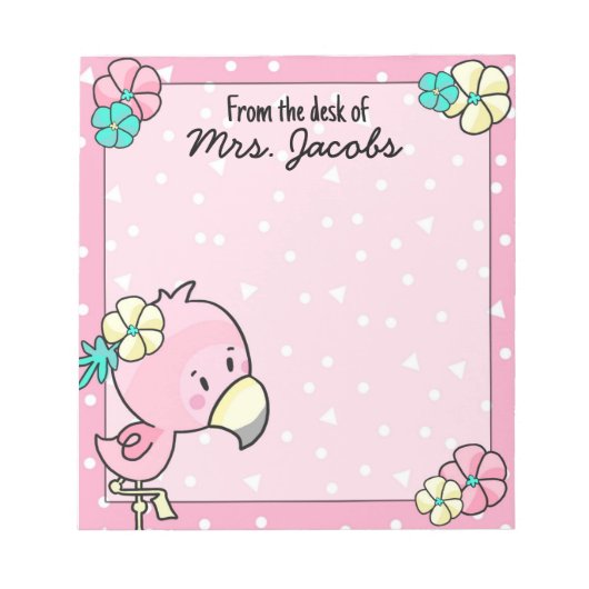Cartoon Flamingo mit Blume Lehrer Notizblock (Vorderseite)