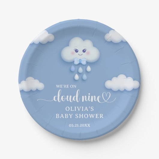 Cartoon Flauschig weiße Wolke 9 blaue Babydusche Pappteller (Vorderseite)