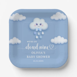 Cartoon Flauschig weiße Wolke 9 blaue Babydusche Pappteller