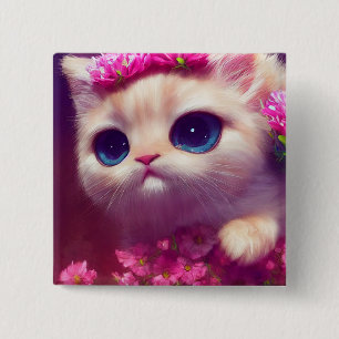 Cartoon flauschiges Babykätzchen mit großen Augen Button