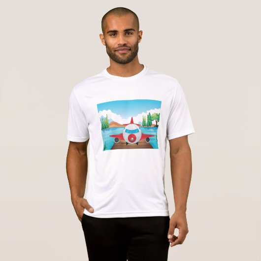 Cartoon Flugzeug auf See Dock Vergnügen Reiseabent T-Shirt (Vorne ganz)