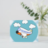 Cartoon-Flugzeug in den Wolken mit Postkarte (Stehend Vorderseite)