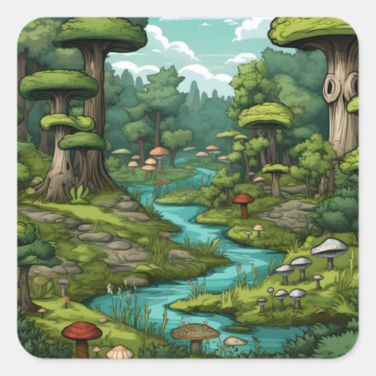 Cartoon Forest Dreamscape Quadratischer Aufkleber (Vorderseite)