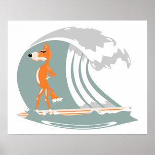 Cartoon Fox auf einem Surfbrett Poster