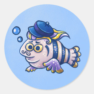 Cartoon Französischer Fisch mit Beret-Aufkleber Runder Aufkleber