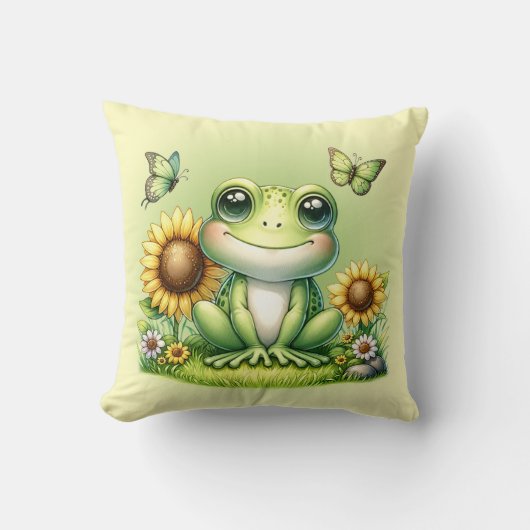 Cartoon Frog Schmetterlinge und Sonnenblumen Kissen (Vorderseite)