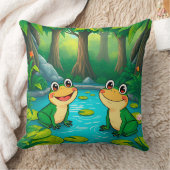 Cartoon Frösche am Teich im lebendigen Wald Kissen (Decke)