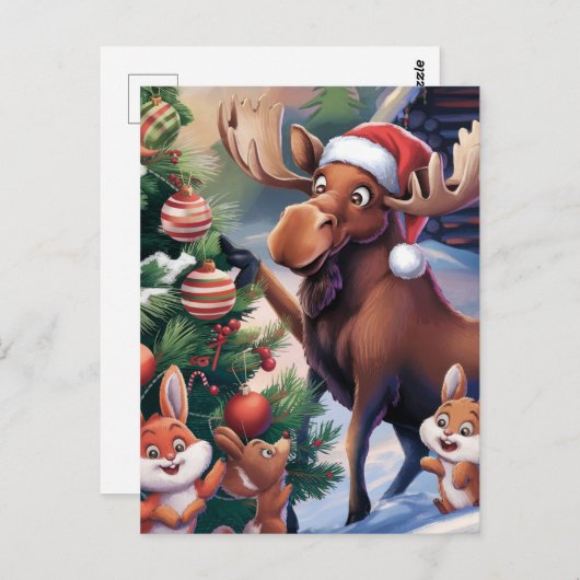 Cartoon Funny Moose Dekorieren des Weihnachtsbaume Postkarte (Vorne/Hinten)