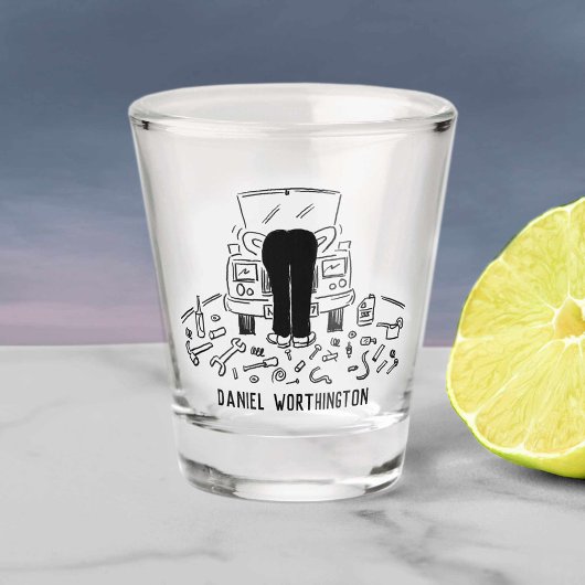 Cartoon für Autoreparaturen und Wartung. Schnapsglas