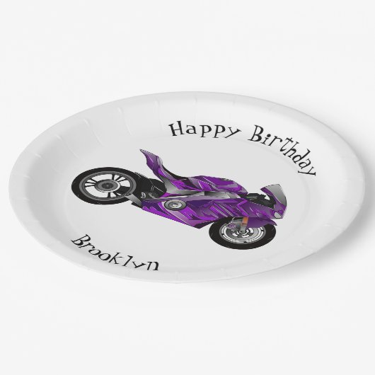 Cartoon für lila Motorräder Pappteller (Schrägansicht)