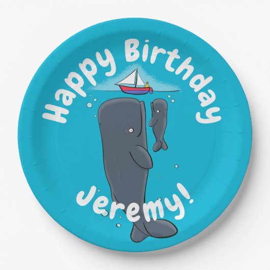 Cartoon für niedliche Wale und Segelboote Pappteller (Vorderseite)