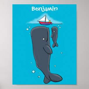 Cartoon für niedliche Wale und Segelboote Poster