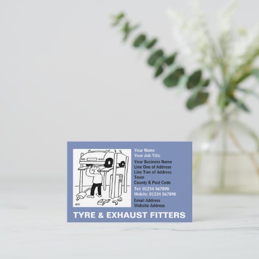 Cartoon für Reifen und Abgasanlagen Visitenkarte (Stehend Vorderseite)