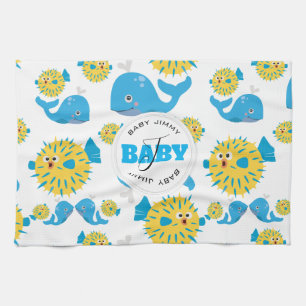 Cartoon für Wale und Blowfish Monogramm Geschirrtuch