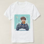 Cartoon Gamer Kid Sitting on PlayStation Control T-Shirt (Design vorne)