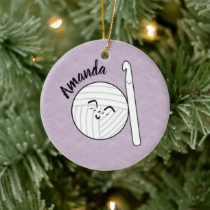 Cartoon Garnball & Crochet Hook + Name Keramik Ornament