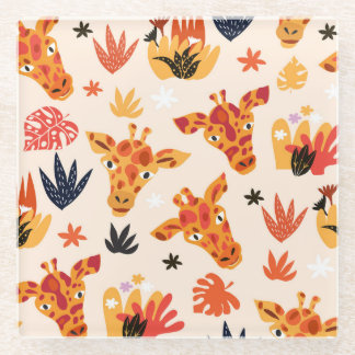 Cartoon Giraffe: BlumenSavanna Muster Glasuntersetzer