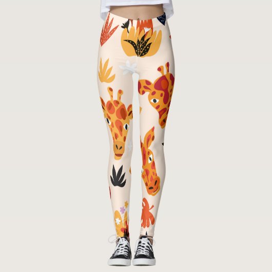 Cartoon Giraffe: BlumenSavanna Muster Leggings (Vorderseite)