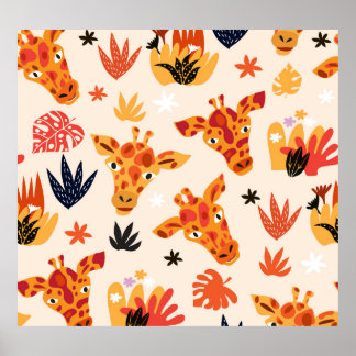 Cartoon Giraffe: BlumenSavanna Muster Poster