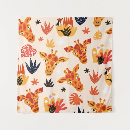 Cartoon Giraffe: BlumenSavanna Muster Wandteppich (Vorderseite)