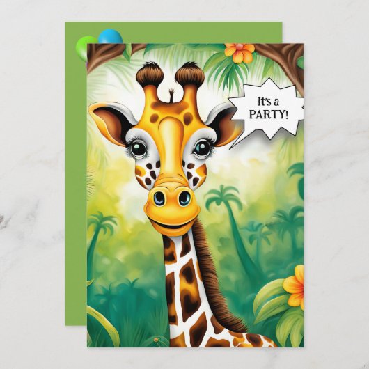 Cartoon Giraffe Geburtstagsparty Einladung (Vorne/Hinten)