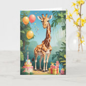 Cartoon Giraffe mit Balloons & Cake| Karte (Gelbe Blume)
