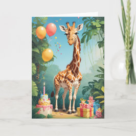 Cartoon Giraffe mit Balloons & Cake| Karte