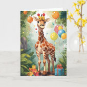 Cartoon Giraffe mit Balloons & Presenteams | Karte (Gelbe Blume)