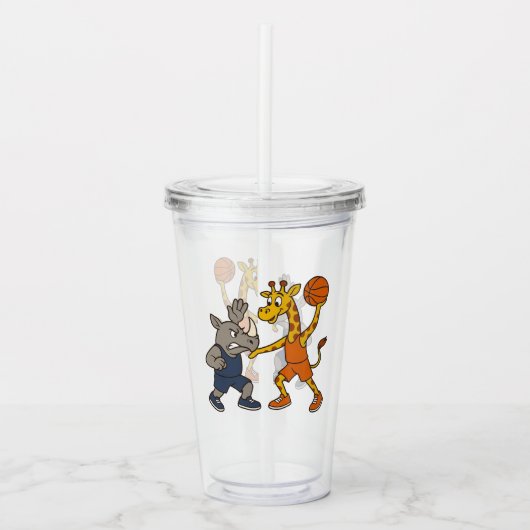 Cartoon giraffe & rhino playing basketball acryltrinkbecher (Vorderseite)