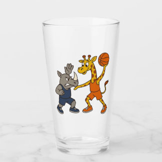 Cartoon giraffe & rhino playing basketball glas