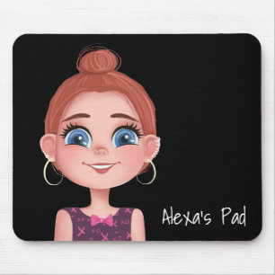Cartoon Girl mit Big Eyes auf Black Mousepad