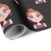 Cartoon Girl mit Big Eyes Geschenkpapier (Rolleneckpunkt)