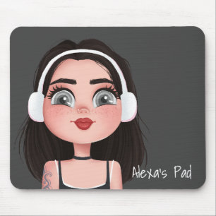 Cartoon Girl mit Kopfhörer auf Grau Mousepad