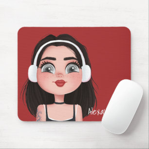 Cartoon Girl mit Kopfhörern auf Rot Mousepad